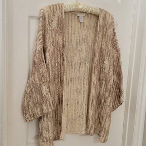Chico's 4 Cardigan Beige Tan Ribbon Knit Open Front Womens Size 1X Cotton